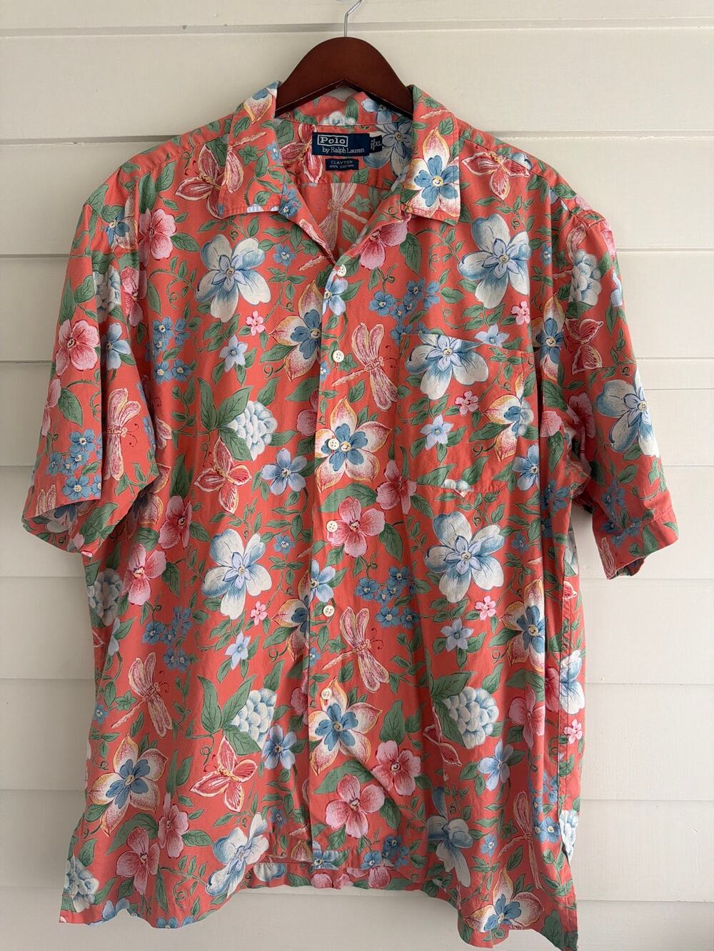 VTG 90s Polo Ralph Lauren Clayton Hawaiian Shirt XL Coral Pink Dragonfly Cotton